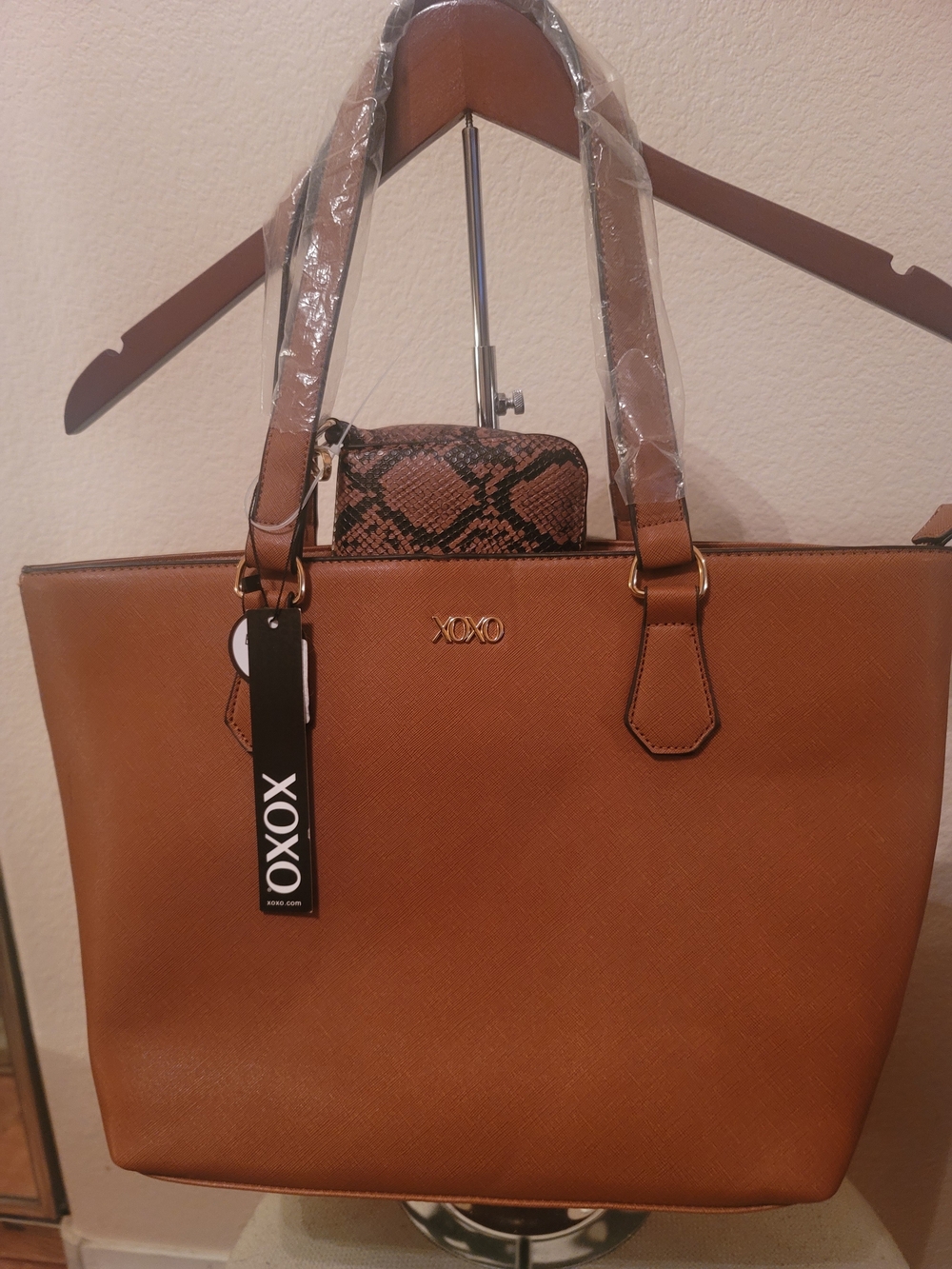XOXO Cognac Tote with Snake-Print Wristlet